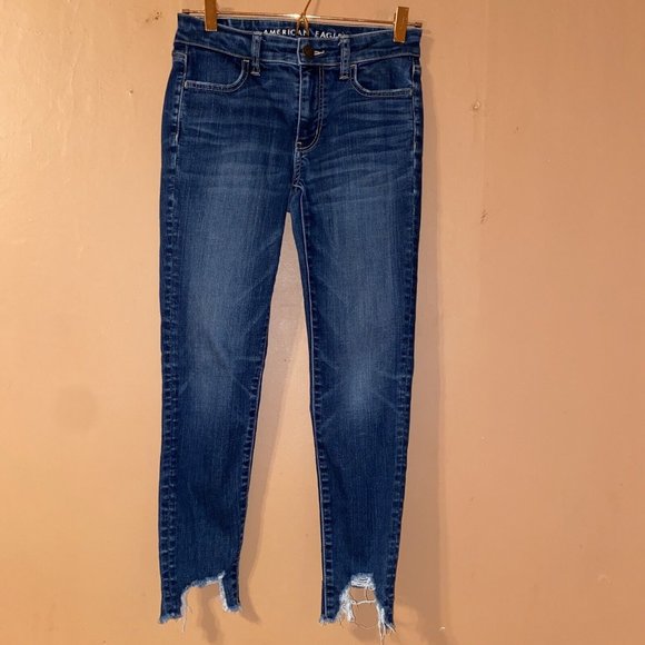 American Eagle Outfitters Denim - American Eagle Womens Raw Hem Cropped Jeggings Blue Stretch High Rise Sz 4